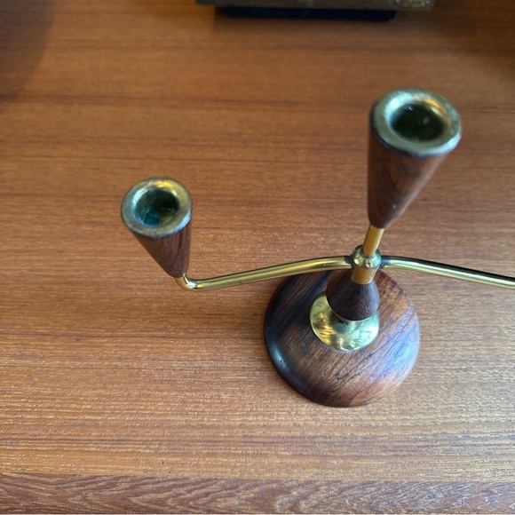 Mcm Mid-century modern vintage teak/rosewood ? brass candle holder - Picture 8 of 12
